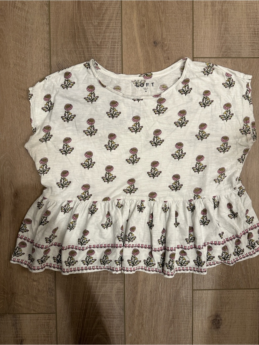 LOFT White Floral Peplum Tee with Pink and Green Motif